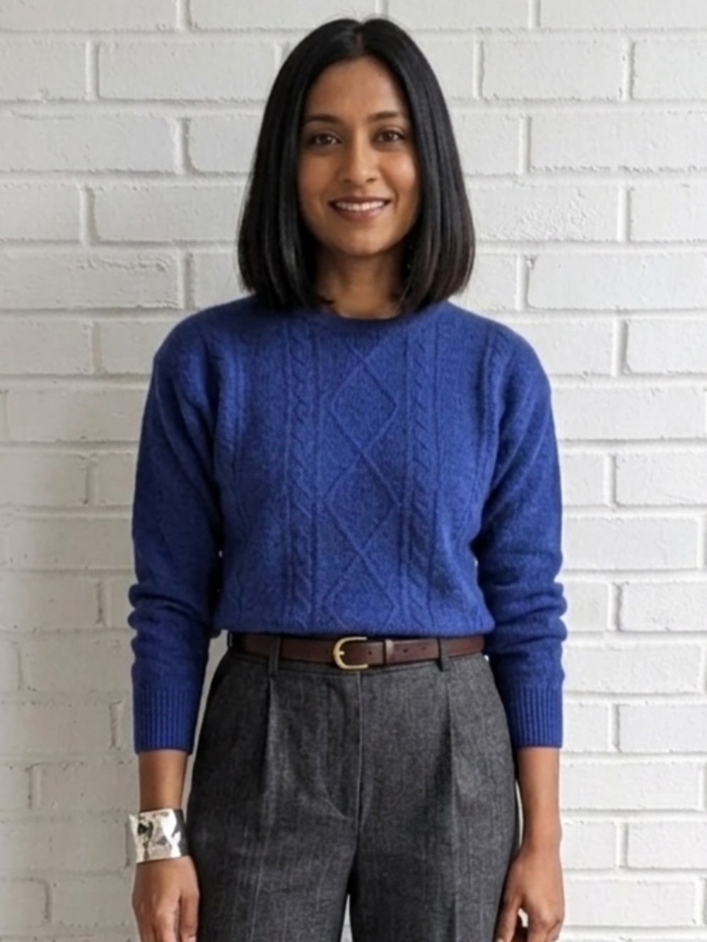 Vintage 80s Cobalt Blue Angora Blend Pearl Back Cable Knit Sweater Sz 38 M